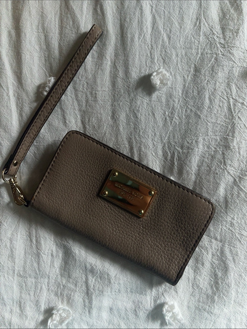 Michael Kors Taupe/Brown Leather Wristlet Wallet with Gold Plate